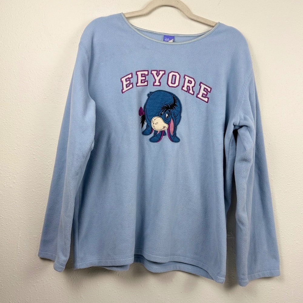 Retro Disney Eeyore Fleece Sweatshirt Light Blue Embroidered Pullover No SZ L